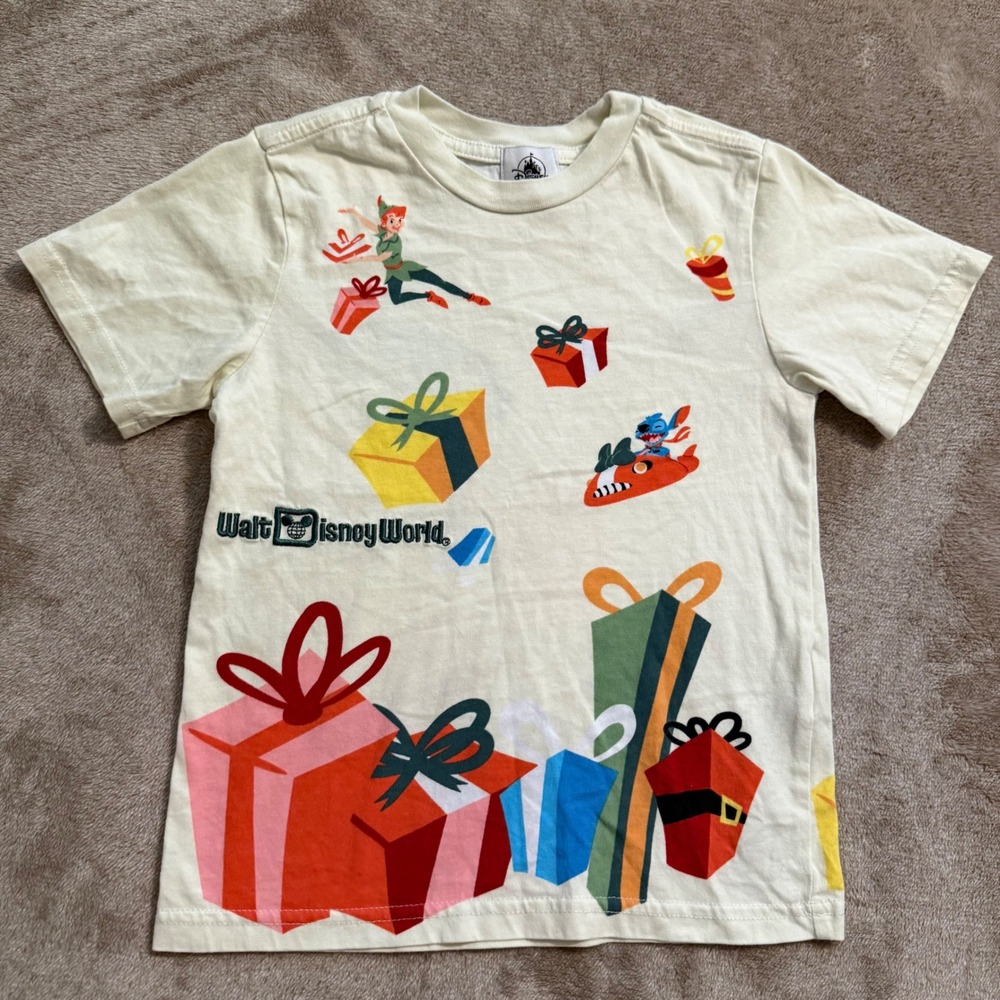 Walt Disney World Kids Holiday T-Shirt Mickey Stitch Peter Pan Genie Cream 5/6